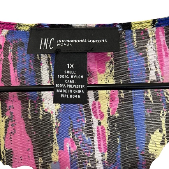 INC Abstract Print Ruffle Zip Front Sheer Blouse & Camisole Multicolor 1X - Picture 4 of 10